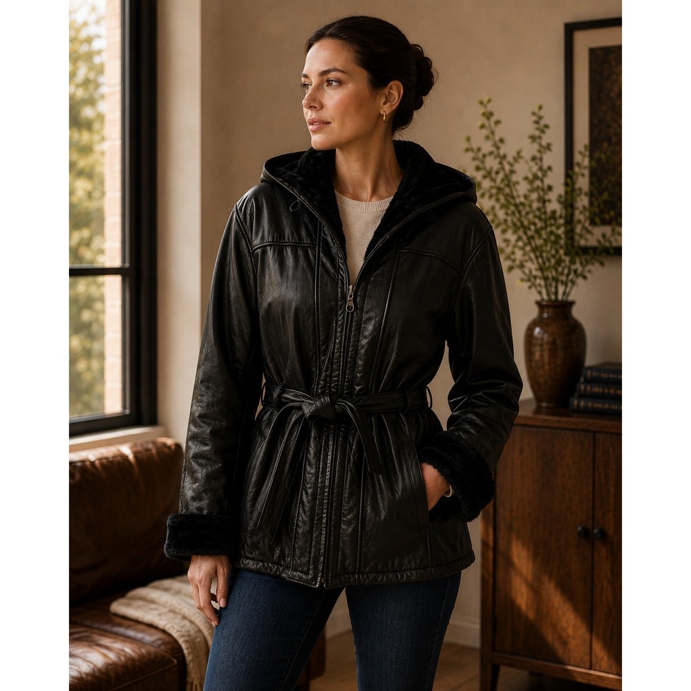 Wilsons Black Leather Parka Faux Fur Lined Hooded Belted Coat Size‎ M